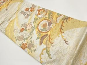 ふくれ織丸文に蝶・草花・流水模様織出し袋帯